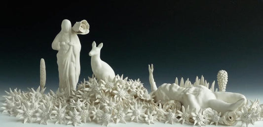 Linda Draper, Home Altar installation, hand built porcelaneous glaze firings, multiple glaze firings