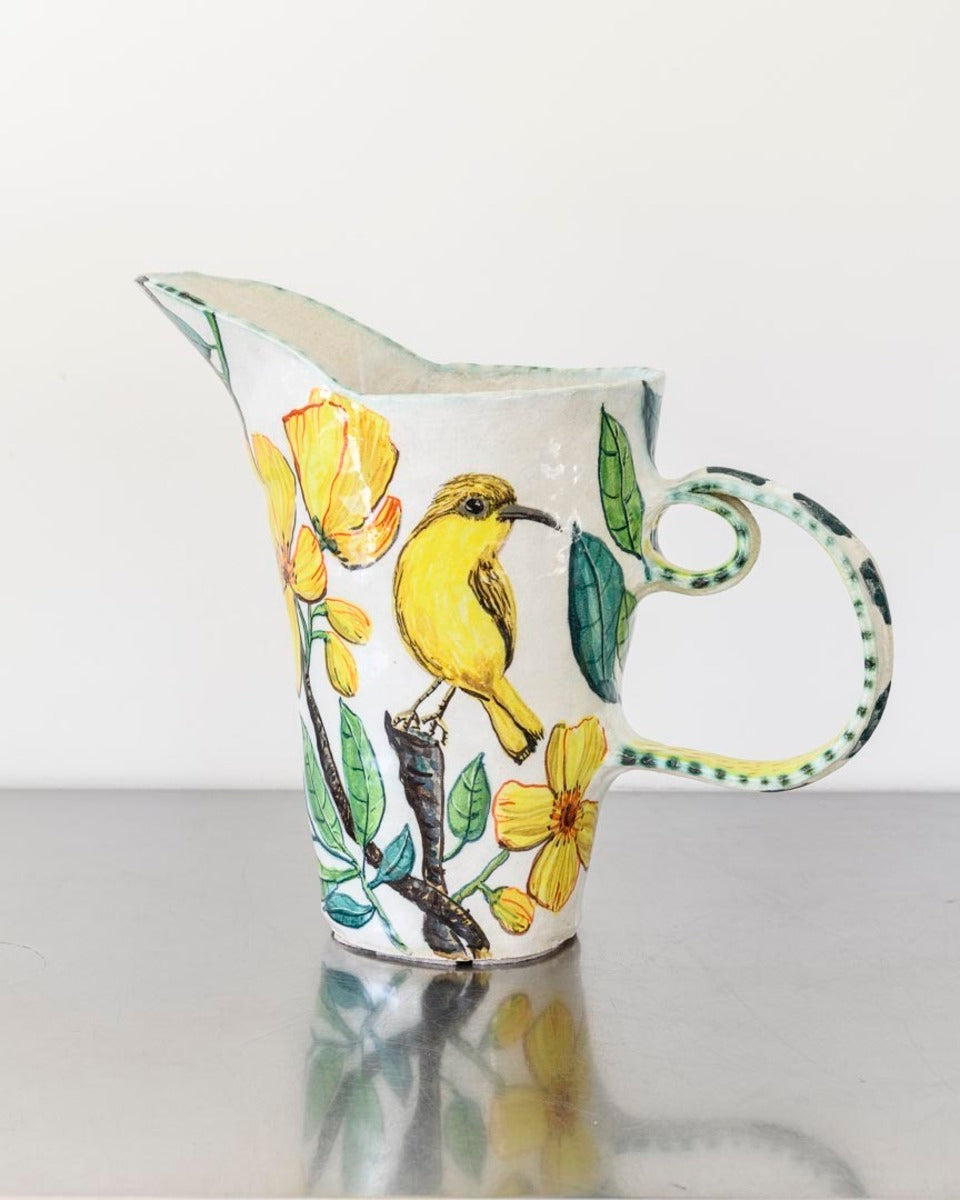 Double-Handled Kapok Tree Flower Pitcher with Olive Backed Sunbird