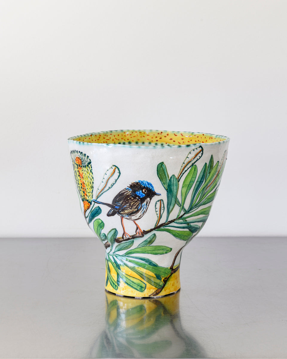 Blue Wren Bowl with Yellow Base