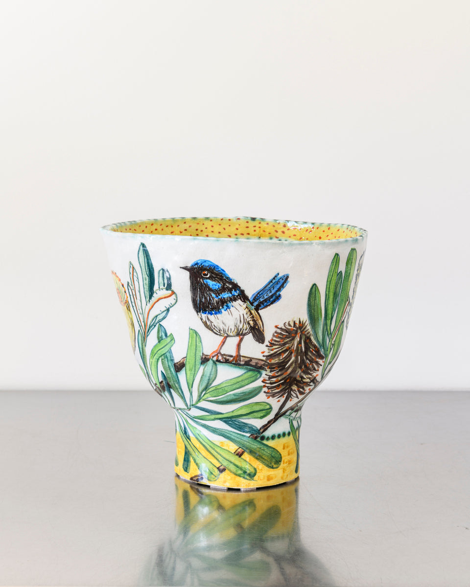 Blue Wren Bowl with Yellow Base