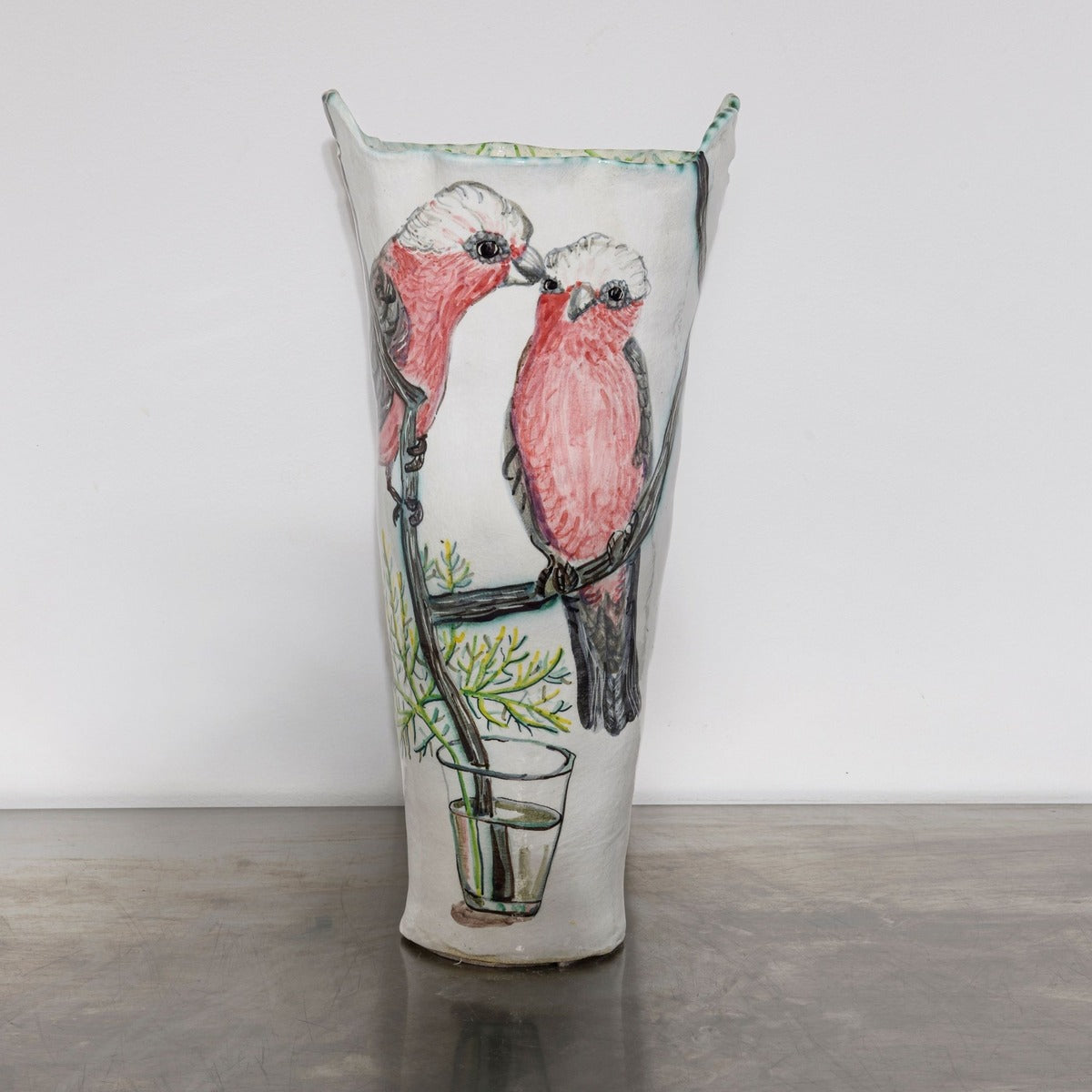 Two-Handled Vessel with Pink Galahs and Glass