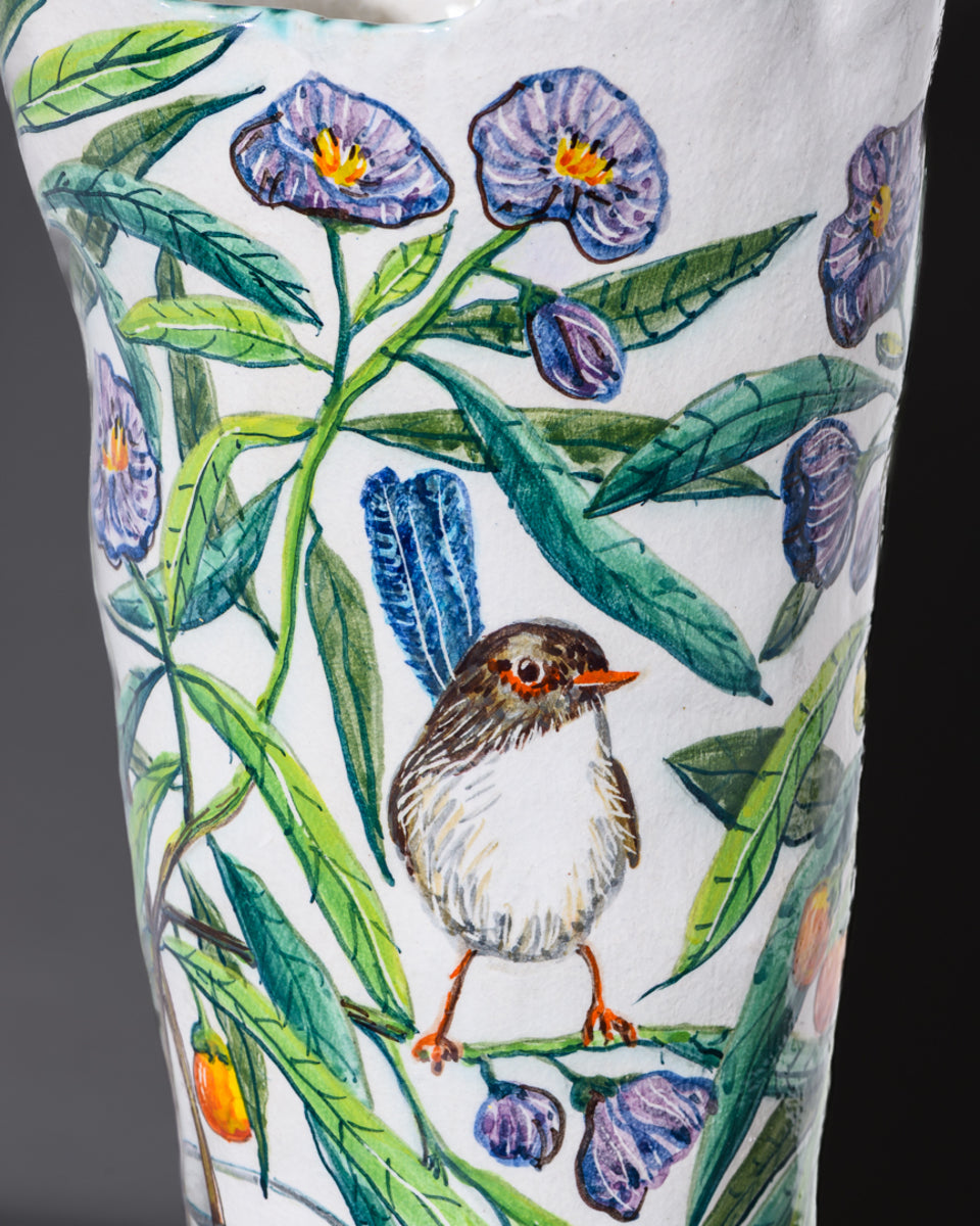 Blue Wren and Kangaroo Apple Flower Vessel with Glass