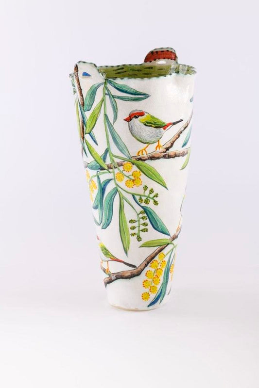 Acacia Pycnantha Vessel with Red Browed Finches