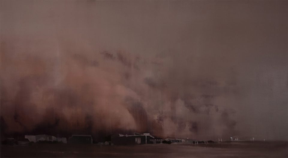 Adriane Strampp, Dust Storm, 2019, oil on linen, 91x267cm