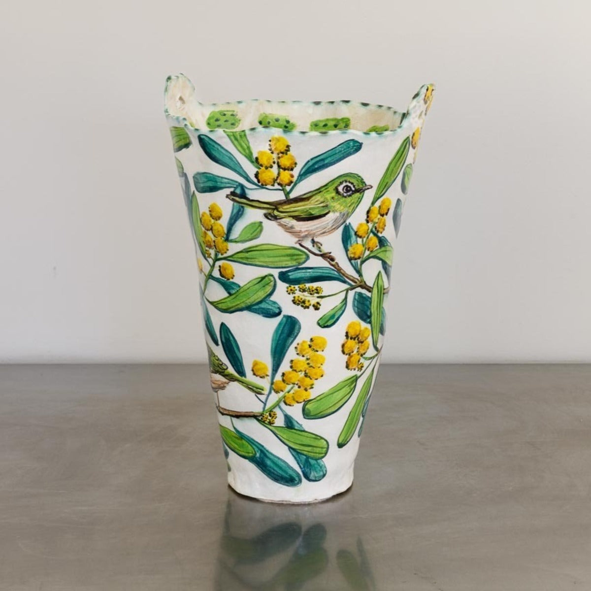 Acacia Double-Handled Vessel with Silvereyes and Glass