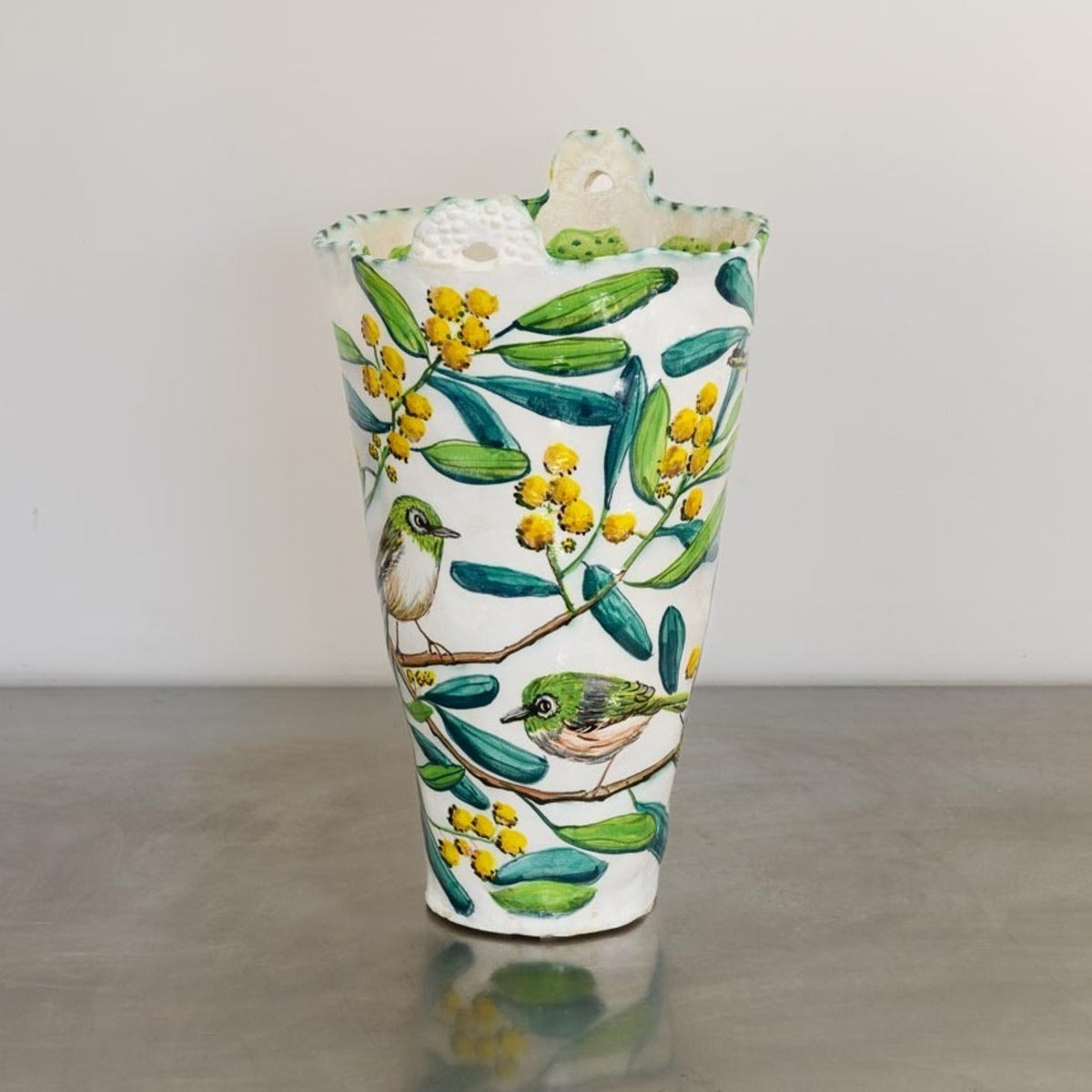 Acacia Double-Handled Vessel with Silvereyes and Glass