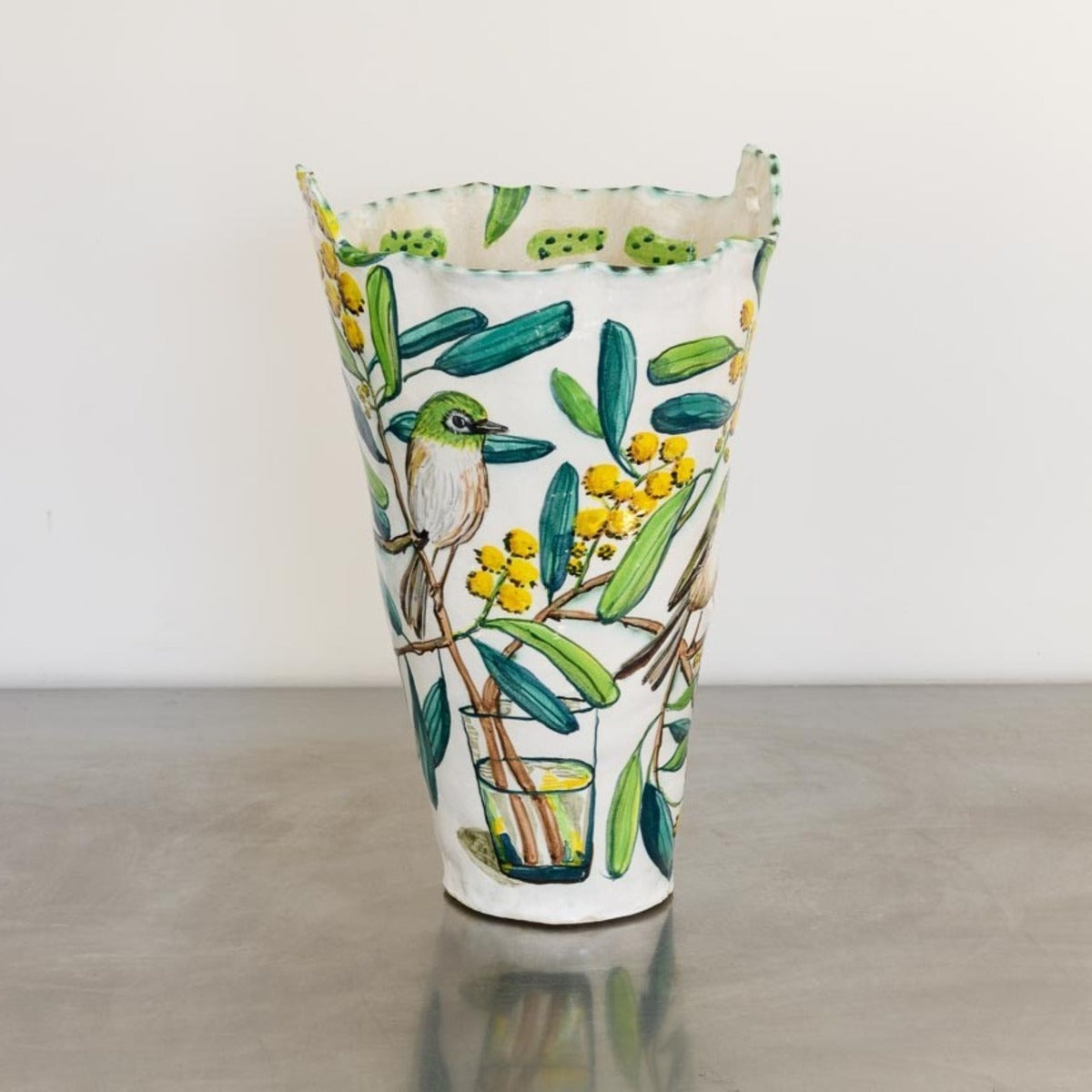 Acacia Double-Handled Vessel with Silvereyes and Glass