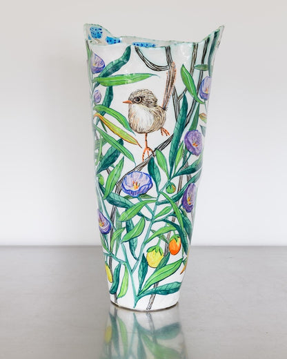Fairy Wrens and Kangaroo Apple Blue Rimmed Vessel