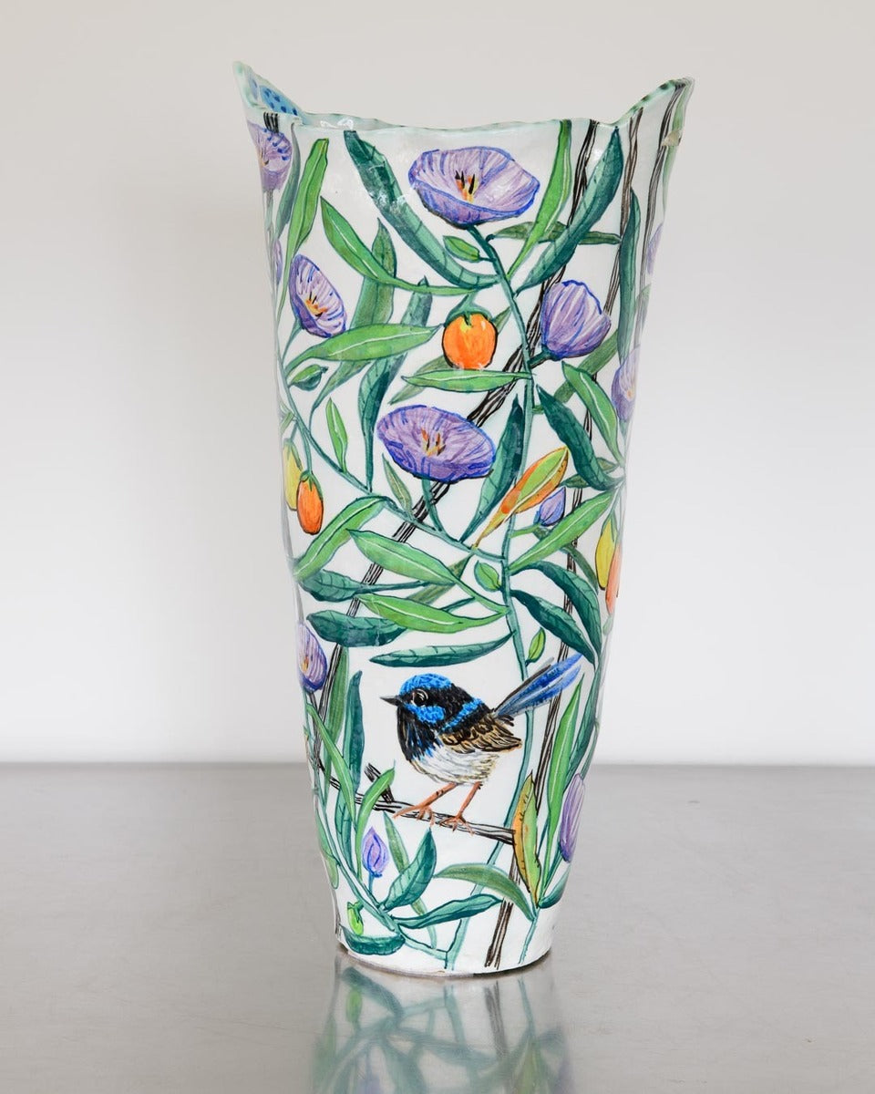 Fairy Wrens and Kangaroo Apple Blue Rimmed Vessel