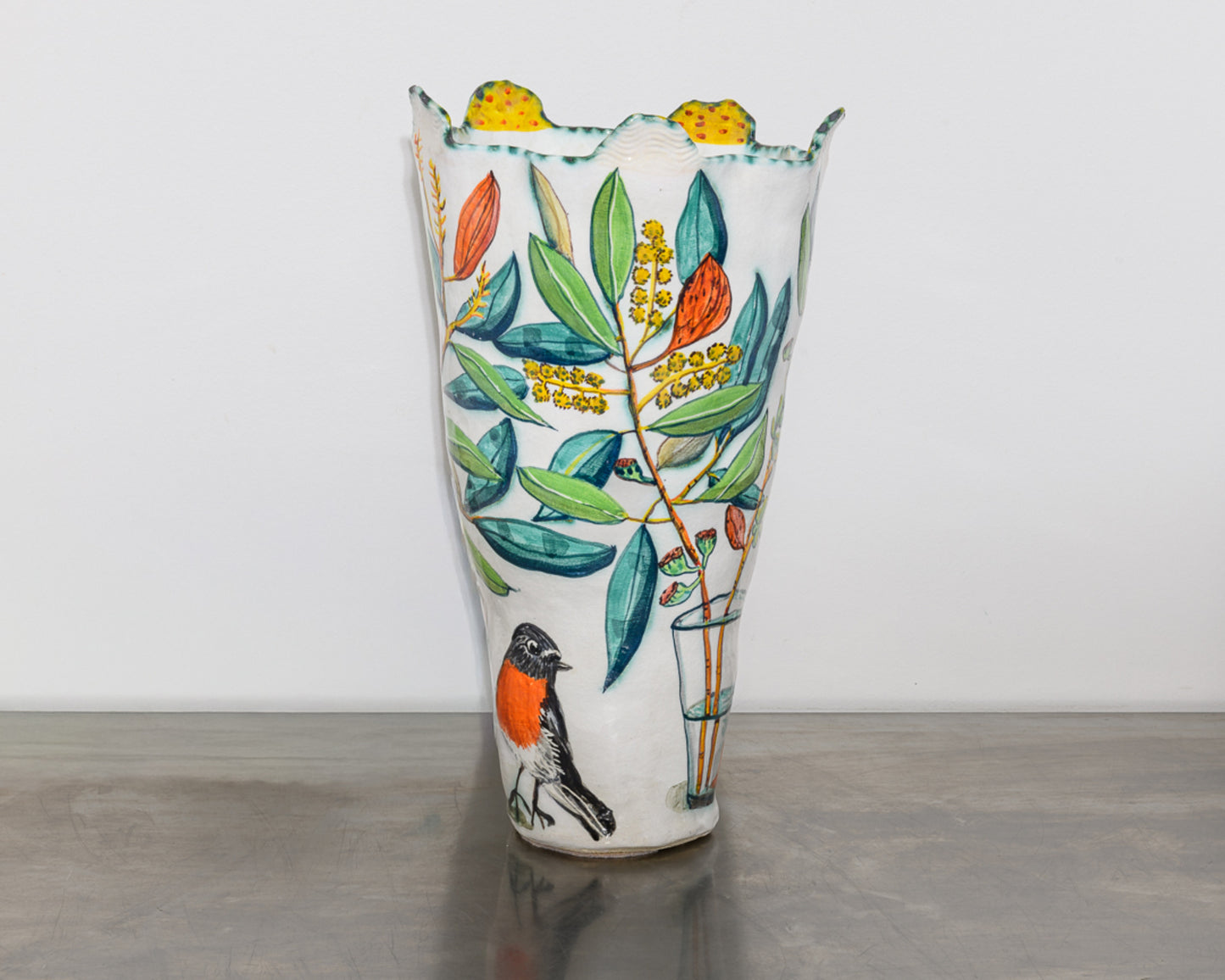 Yellow-Handled Snow Gum Vessel with Flame Robins