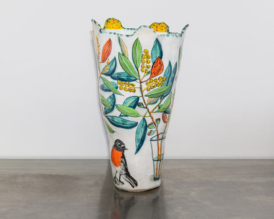Yellow-Handled Snow Gum Vessel with Flame Robins