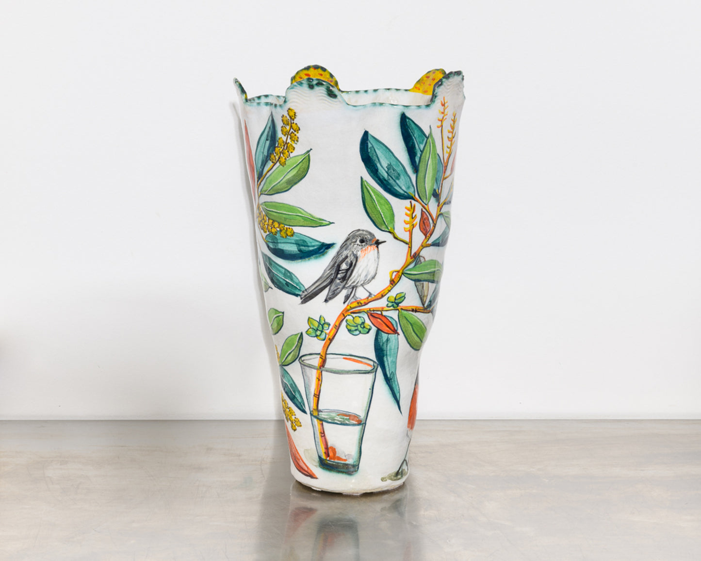 Yellow-Handled Snow Gum Vessel with Flame Robins
