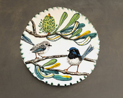 Blue Wrens with Banksia on Wall Plate