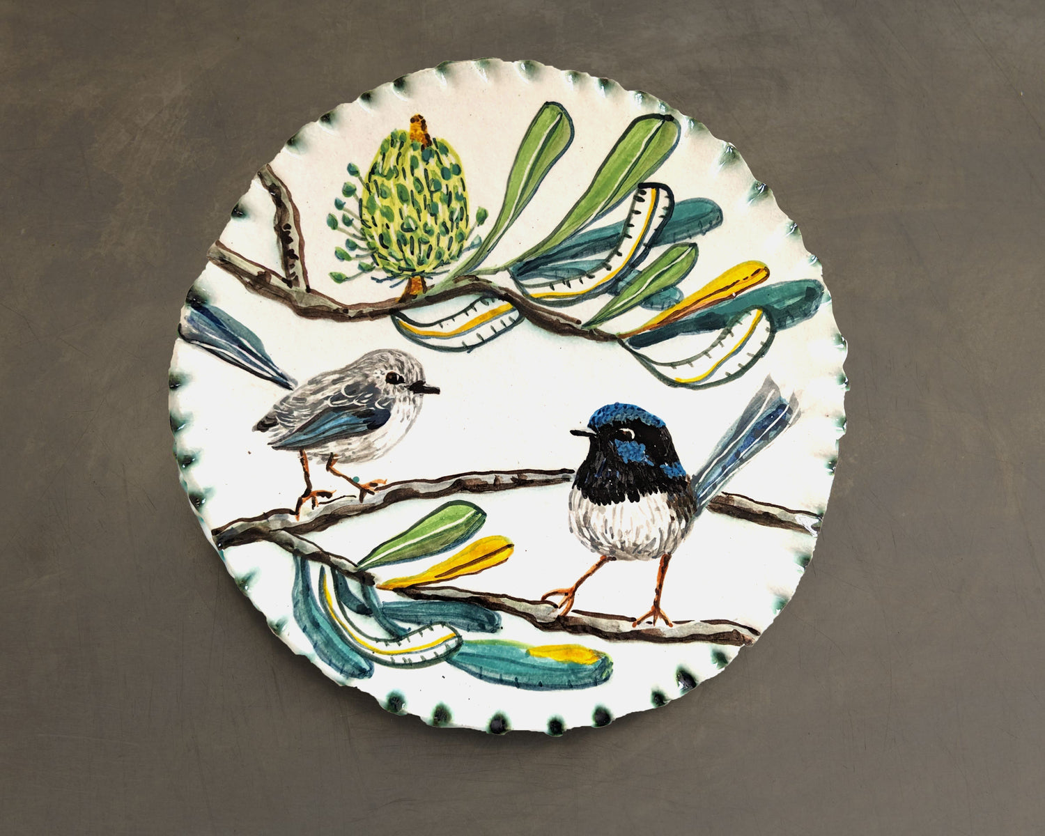 Blue Wrens with Banksia on Wall Plate