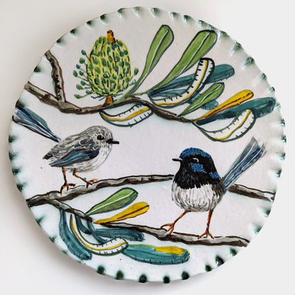Blue Wrens with Banksia on Wall Plate