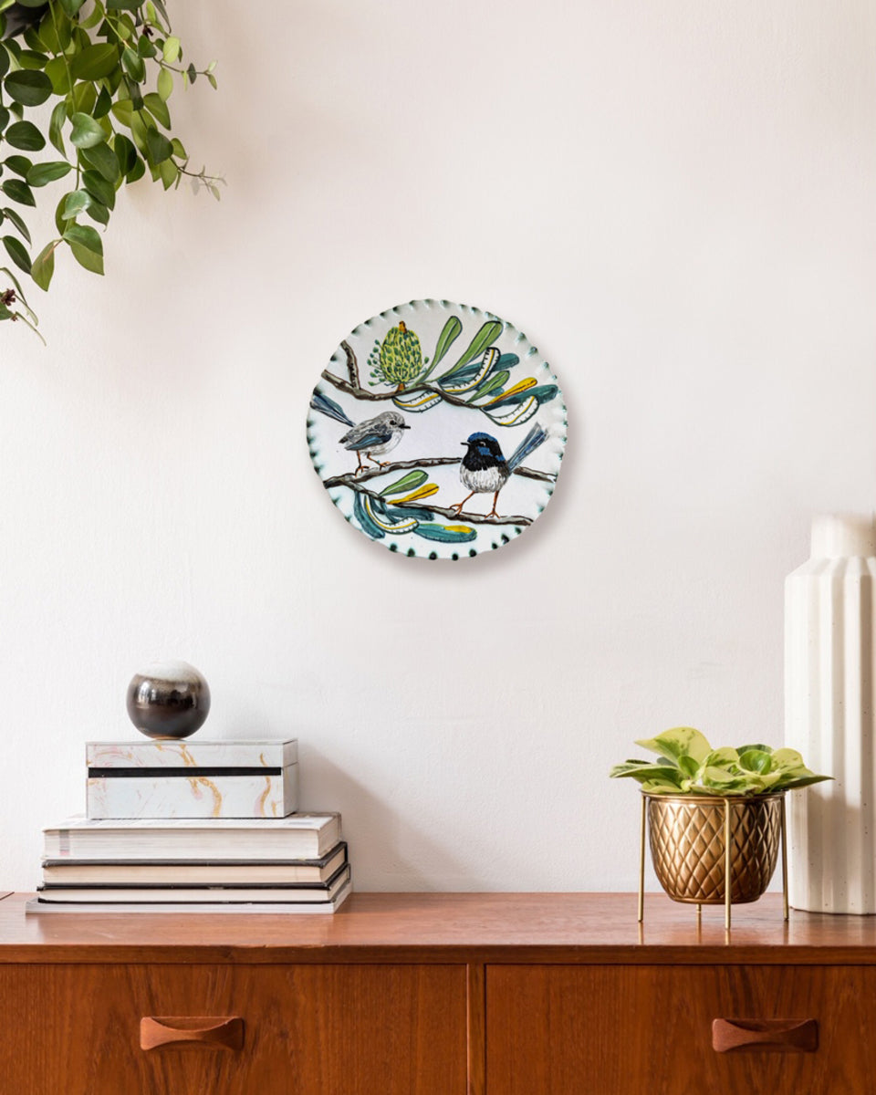 Blue Wrens with Banksia on Wall Plate
