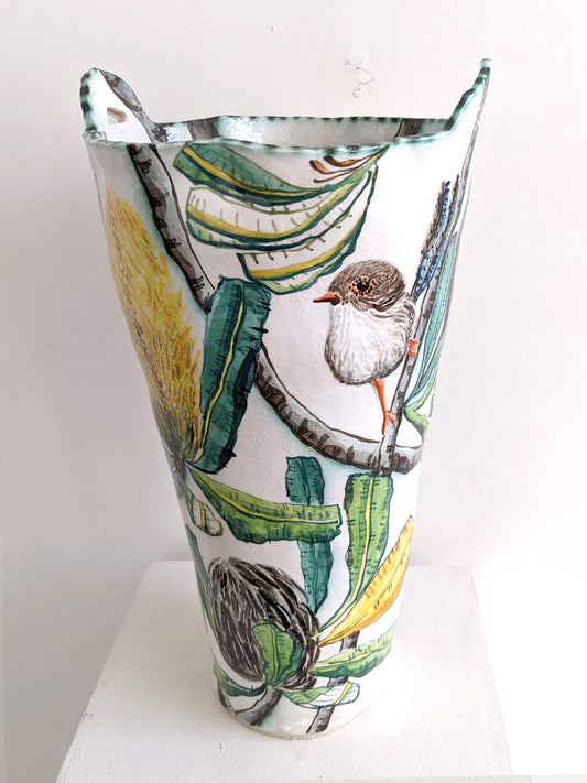 Banksia serrata Vessel with blue Fairy Wrens