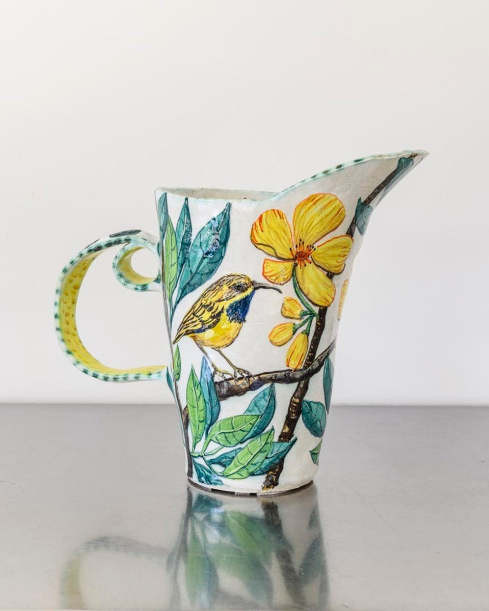 Tree Pitcher Double-Handled Kapok Tree Flower Pitcher with Olive Backed Sunbird ...