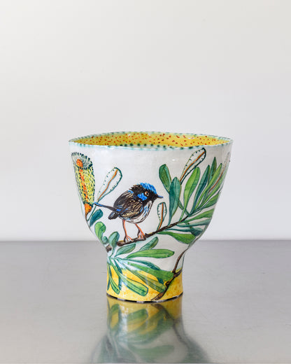 Blue Wren Bowl with Yellow Base