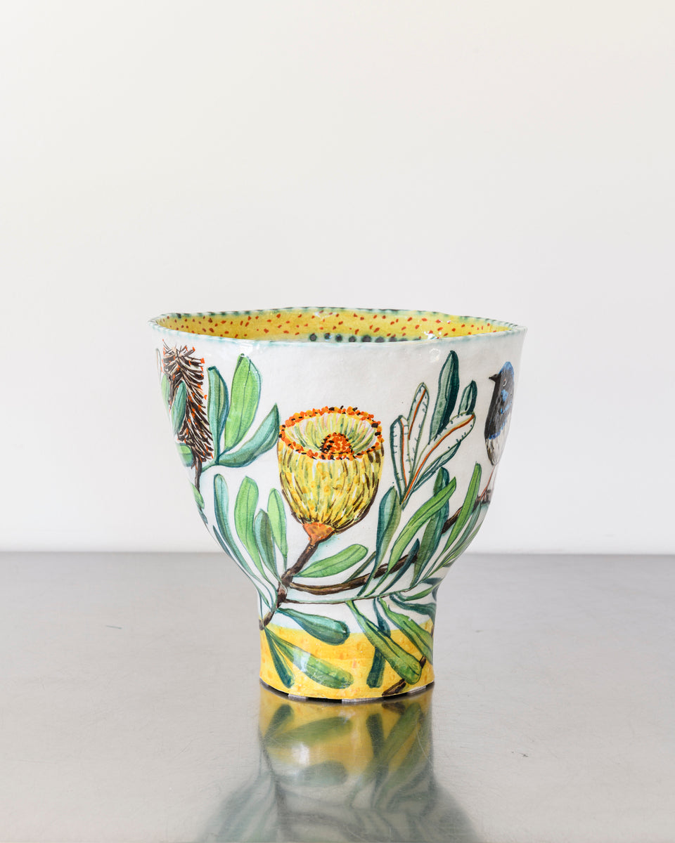 Blue Wren Bowl with Yellow Base