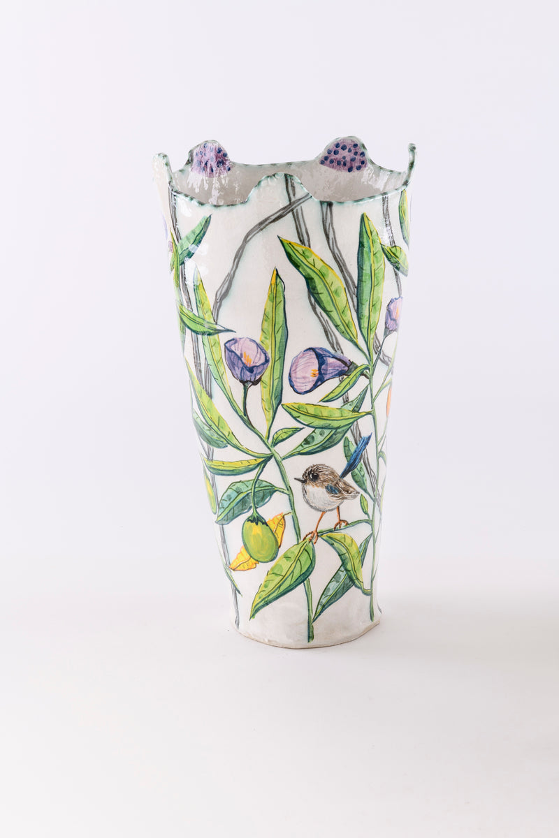 Kangaroo Apple Vessel with Fairy Wrens