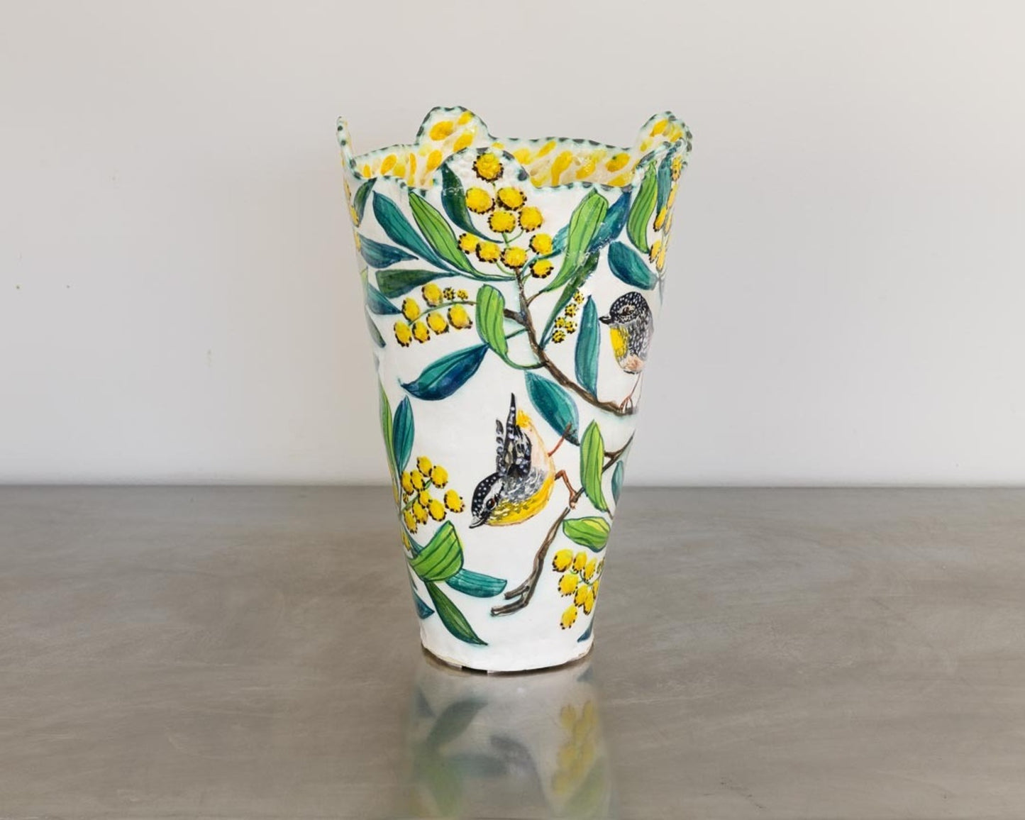 Acacia Vessel with Pardalotes and Glass