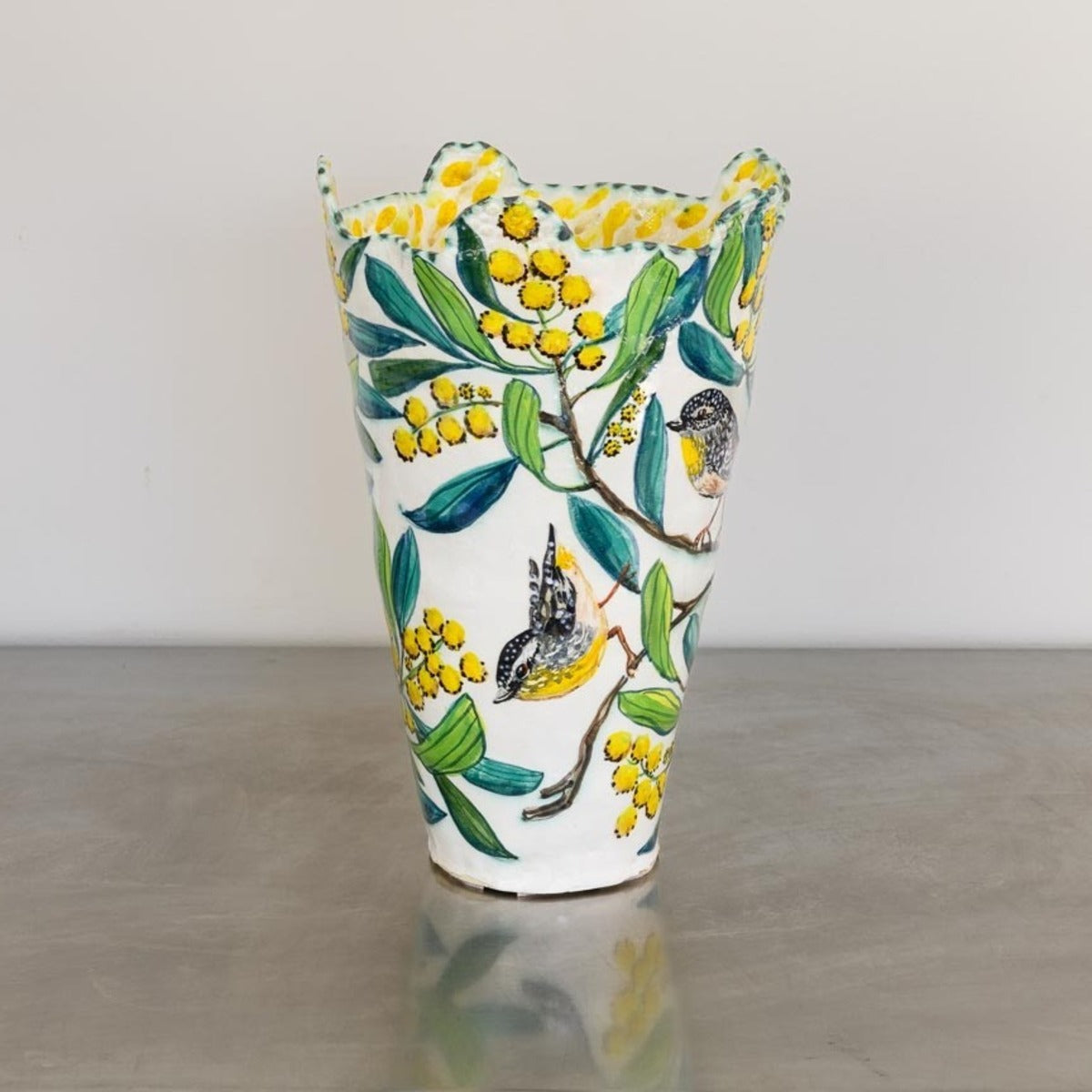 Acacia Vessel with Pardalotes and Glass