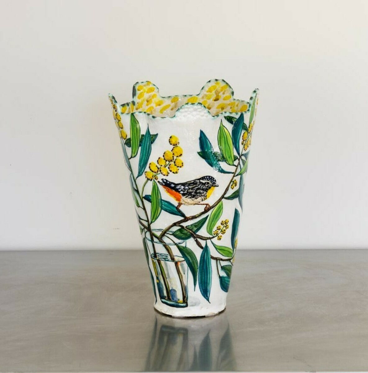 Acacia Vessel with Pardalotes and Glass