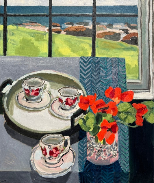 Nasturtiums and Tea Cups with Sea View