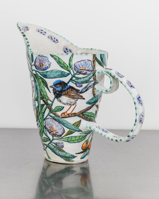 Double-Handled Kangaroo Apple Flower Pitcher with Blue Wrens