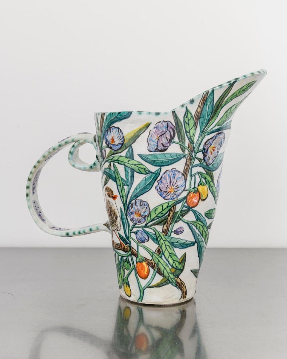Double-Handled Kangaroo Apple Flower Pitcher with Blue Wrens