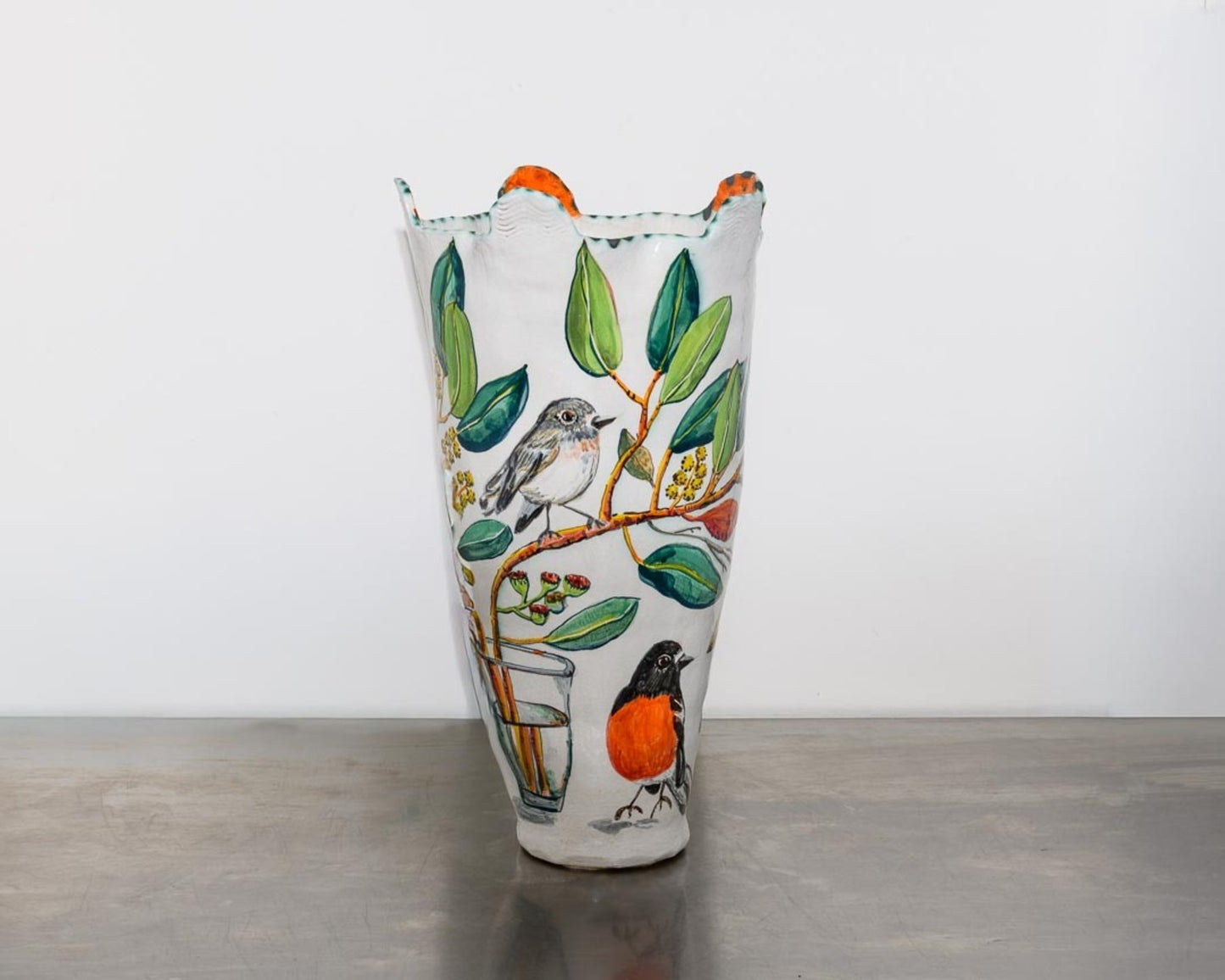 Orange-Handled Snowgum Vessel with Flame Robins, Bogong Moths and Glass