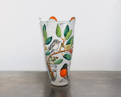 Orange-Handled Snowgum Vessel with Flame Robins, Bogong Moths and Glass