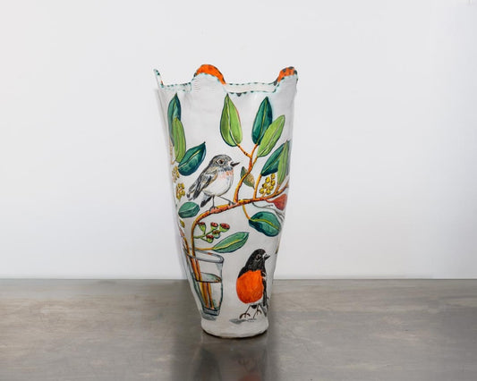 Orange-Handled Snowgum Vessel with Flame Robins, Bogong Moths and Glass