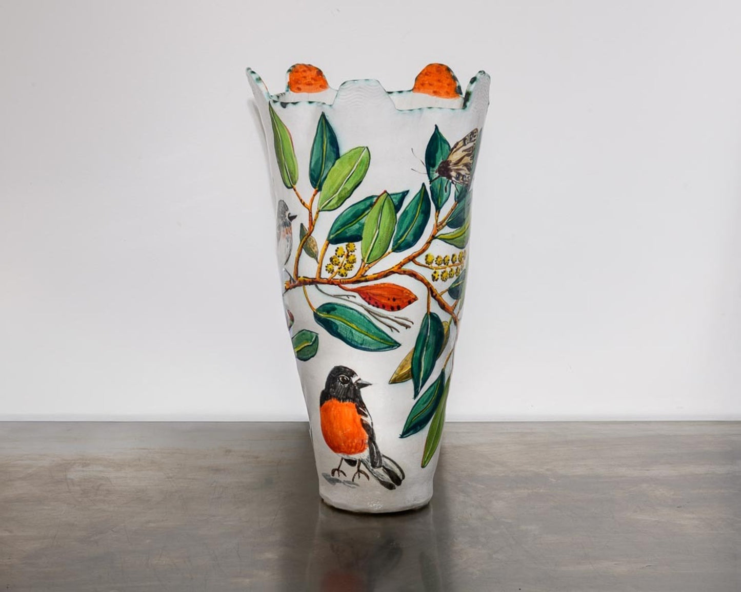Orange-Handled Snowgum Vessel with Flame Robins, Bogong Moths and Glass