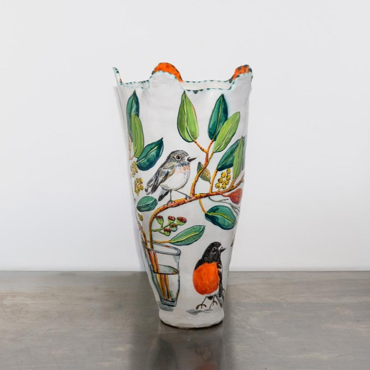 Orange-Handled Snowgum Vessel with Flame Robins, Bogong Moths and Glass
