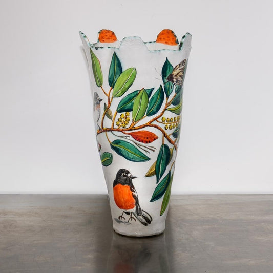 Orange-Handled Snowgum Vessel with Flame Robins, Bogong Moths and Glass