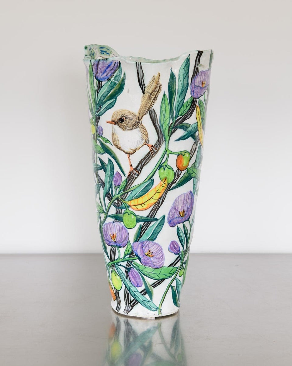 Fairy Wrens and Kangaroo Apple Sage Rimmed Vessel