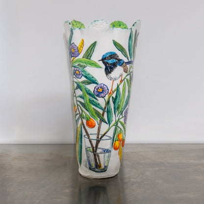 Blue Wren and Kangaroo Apple Flower Vessel with Glass
