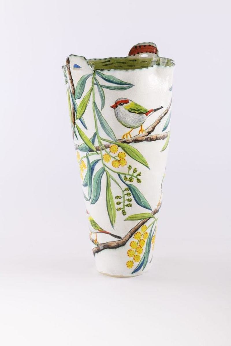 Acacia Pycnantha Vessel with Red Browed Finches