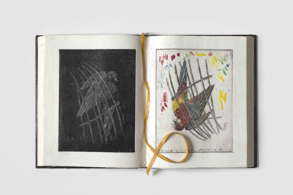 Martin King, black thursday diaries V, etching, relief etching, watercolour, wax, hard cover book, ribbon, 27x44cm